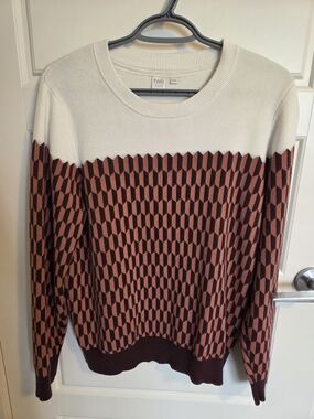 Twik Simons Geometric Checkerboard Crewneck Knit Sweater Cream Brown XL Cozy